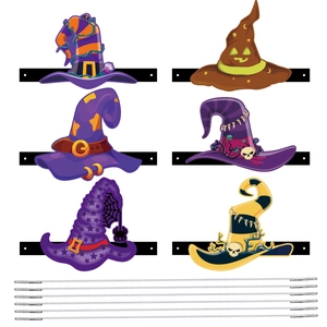 Set of 6 Halloween witch hats decorations with assorted patterns and support sticks