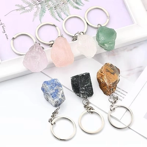 Natural Crystal Raw Stone Keychain Irregular Rough Amethyst Rose Quartz Lapis Lazuli Pendant Metal Key Ring Bag Charm