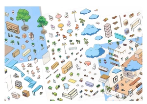 Detail of isometric hand-drawn stickers with coffee shop and furniture themes for DIY journaling