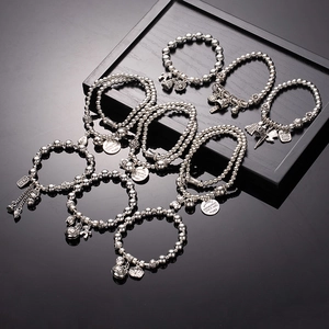 Vintage Double Layer Alloy Beaded Bracelet Tibetan Silver Style Charms Lucky Cat Bell Heart Bear Fashion Jewelry Women