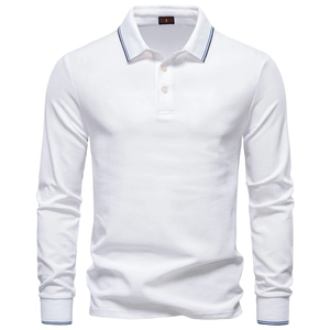 Detail of white cotton polo shirt collar with blue striped trim and three-button placket