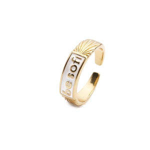 Minimalist gold plated adjustable ring with be soft engraving and white enamel inlay