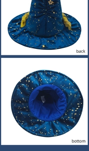 Detailed back and bottom view of blue Halloween witch hat with gold star patterns