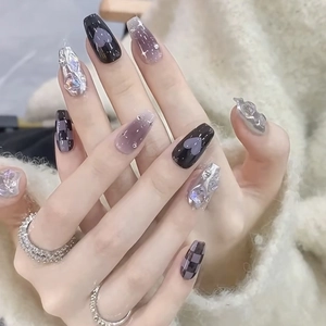 Handmade Press-On Nails Coffin Shape Purple Black Checkerboard Heart Star 3D Mirror Powder Rhinestone Y2K Sweet Cool Style