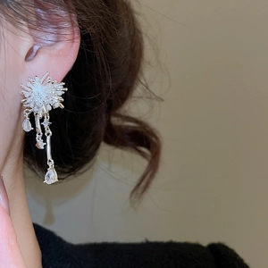 Macro detail of elegant silver-plated tassel earrings with fireworks shape and cubic zirconia