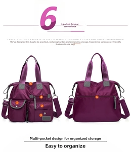 Detail of purple oxford tote bag showing six functional pockets and reinforced corners