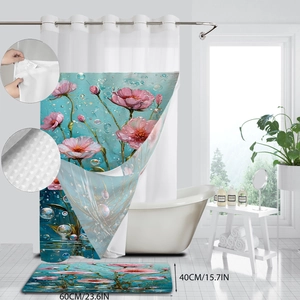 Waterproof shower curtain set with pink floral print and matching 40x60cm bathroom mat