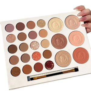 26-color eyeshadow palette with highlighters and blushes on a clean white background