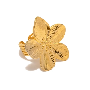 French vintage gold stainless steel flower open ring with detailed textured petals