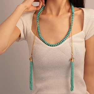 Long Collier Bohème Avec Perles De Turquoise Synthétique Chaîne En Alliage Et Pompons En Perles De Rocaille Style Ethnique Vintage