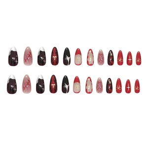 Retro style deep red star and heart pattern long almond press-on nails with 24 pieces