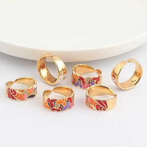 Vintage gold adjustable rings set with colorful butterfly enamel and zircon stones