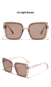 Detail view of light tea square sunglasses with transparent frames and metal temple cores