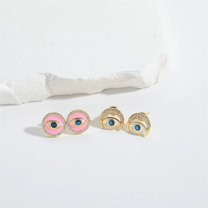 Exquisite French vintage crown stud earrings with devil's eye design in gold and pink enamel