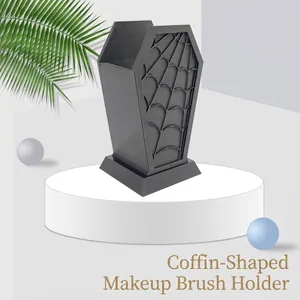 Gothic Coffin Makeup Brush Holder Spider Web Bat Pattern Plastic Desktop Organizer Vanity Spooky Home Decor