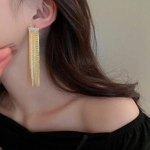 Close-up of golden tassel earrings with crystal rectangular studs on a model