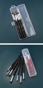 Detail of transparent storage case with secure snap lock for makeup and eyebrow brushes
