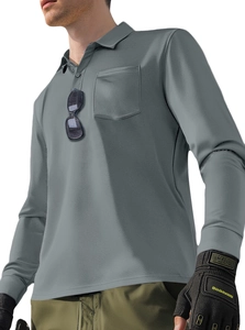 Close-up of grey long-sleeved tactical polo shirt with breathable bird-eye mesh texture