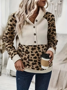 Women's casual leopard print patchwork hoodie with buttoned neckline and long sleeves