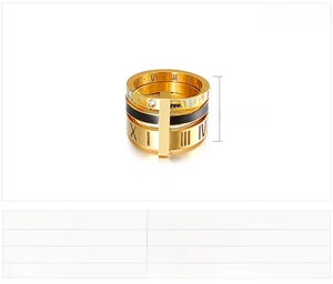 Detailed view of a 12mm wide Roman numeral stainless steel ring with rhinestones