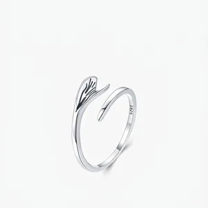 925 Sterling Silver Adjustable Open Ring For Women Minimalist Fish Tail Bird Wing Leaf Design Sweet Fashion Jewelry