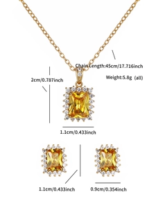 Detailed view of yellow crystal jewelry set with dimensions and product specifications