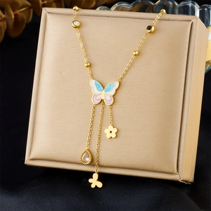 Butterfly Pendant Necklace Stainless Steel Colorful Enamel Tassel Flower Teardrop Zircon Clavicle Chain Jewelry For Women