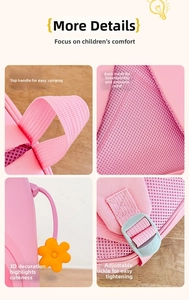 Dettagli dello zaino rosa per bambini con manico, rete traspirante e ciondolo a fiore