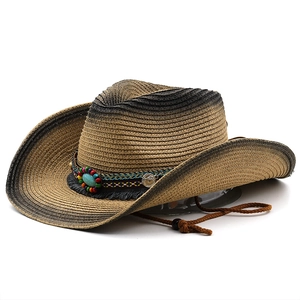 Bohemian gradient straw cowboy hat with ethnic beads, turquoise and adjustable chin strap