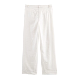 Pantalon blanc chic à taille haute et jambes larges pour femme, avec un drapé élégant et moderne