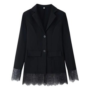 Detail of black long-sleeve blazer featuring delicate lace trim on cuffs and hemline