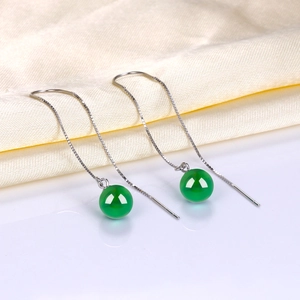 Elegant S925 silver long tassel earrings with green agate beads on silk fabric