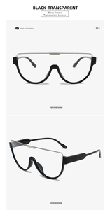 Detail view of black frame shield sunglasses with transparent lenses and metal top bar