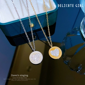 Minimalist heart round pendant necklaces in gold and silver finish with crystal inlay