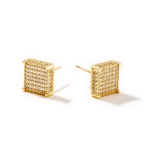 Square gold stud earrings with clear pavé zircons and vintage beaded edge on white background