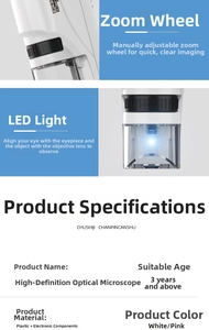 Detailed view of portable optical microscope zoom wheel and LED light for science learning