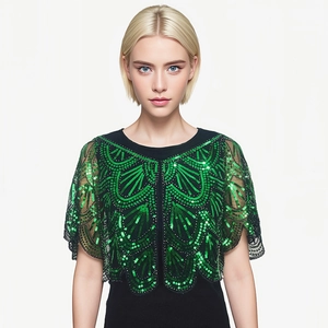 Women's black mesh shrug with green sequin embroidery and beadwork for parties