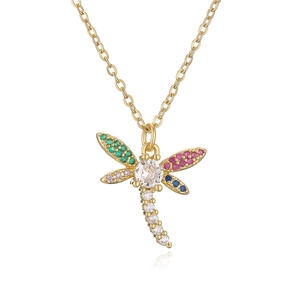 Exquisite gold-plated dragonfly pendant necklace with vibrant multi-colored zircon stones
