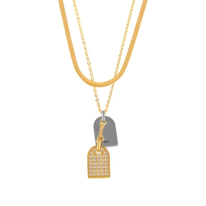 Double-layered 18k gold plated necklace with Paris engraved tag and zircon pendant