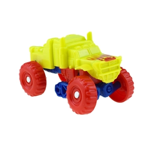Close-up of colorful off-road monster truck toy with large tires and flame patterns
