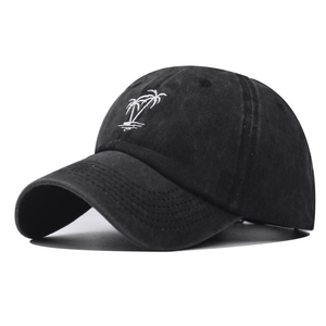 Casquette de baseball en coton lavé noir vintage avec broderie de cocotier blanc