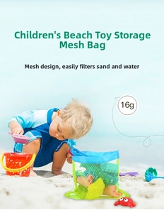 Detail of lightweight green mesh beach bag filtering sand and water for kid toys