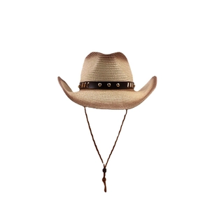 Vintage woven straw cowboy hat for men and women featuring a studded band and adjustable cord