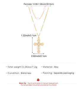 Detailed dimension guide for double layered cross and pearl necklace in gold finish