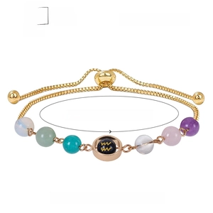 Adjustable Aquarius zodiac bracelet with 8mm blue sand crystals and gold stainless steel