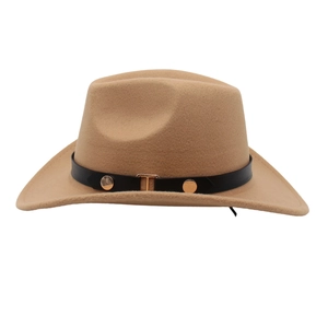 Detail of camel western cowboy hat featuring black leather belt and gold metal T buckle