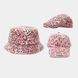 Women Pink Leopard Print Cotton Hat Vintage Distressed Streetwear Sun Protection Newsboy Bucket Baseball Style