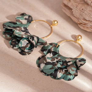 Close-up of vintage camo pattern fabric petals on large gold round hoop earrings