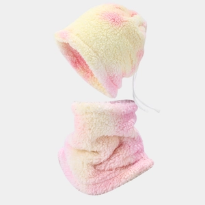 Detail view of tie-dye faux lamb wool hat and neck warmer set with white drawstrings