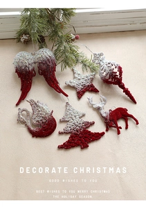 Detail of flocked Christmas ornaments with reindeer and stars on a white textured background